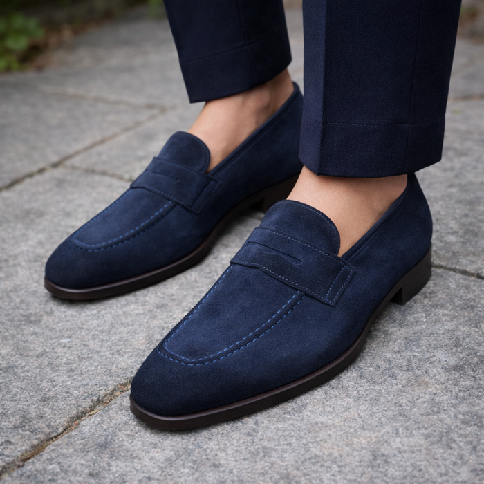 Ron Navy Blue Suede Leather Penny Loafer