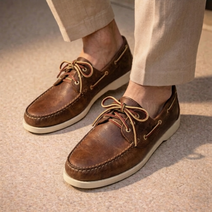 Men's boat moccasin in light brown leather