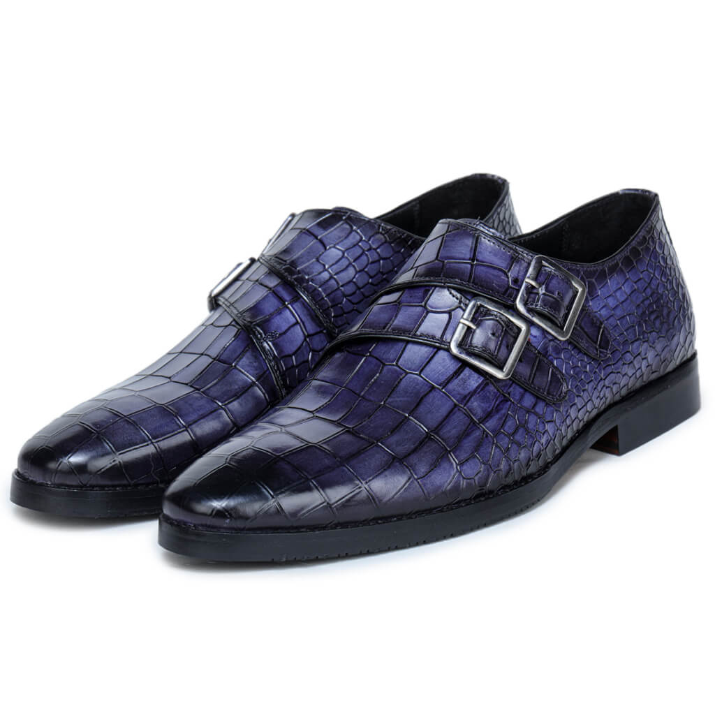 Unparalleled Luxury: Blue Patina Finish Double Monkstrap with Croco Texture