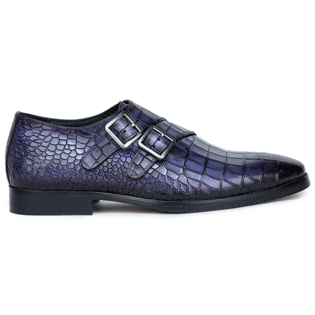 Unparalleled Luxury: Blue Patina Finish Double Monkstrap with Croco Texture