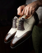 Brown and White Leather Evadne Brogue Wingtip Spectator Oxfords - Formal Shoes - Summer 2024 Collection