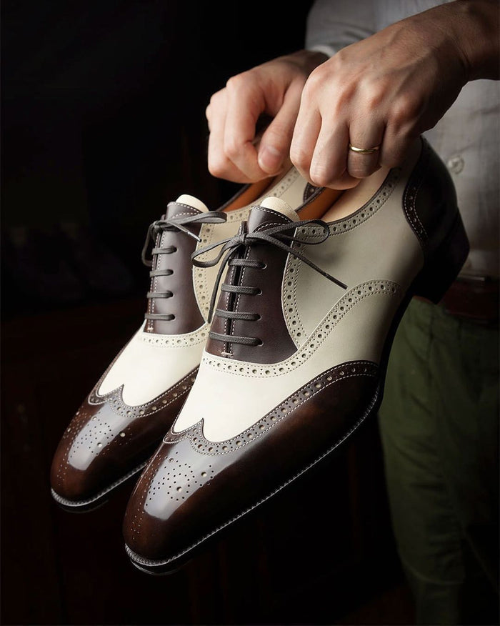 Brown and White Leather Evadne Brogue Wingtip Spectator Oxfords - Formal Shoes - Summer 2024 Collection