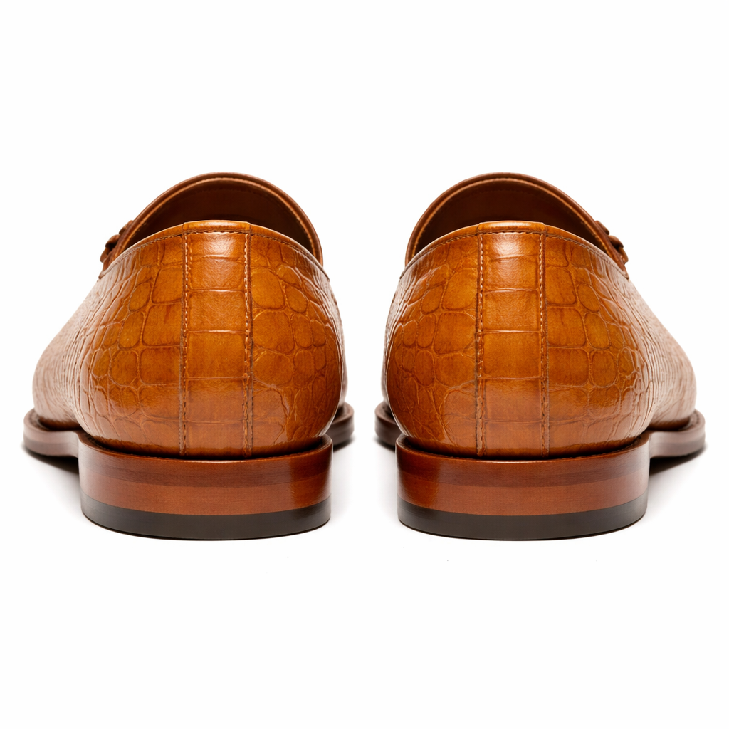Tan Croc Print Leather Barbican Tassel Loafers