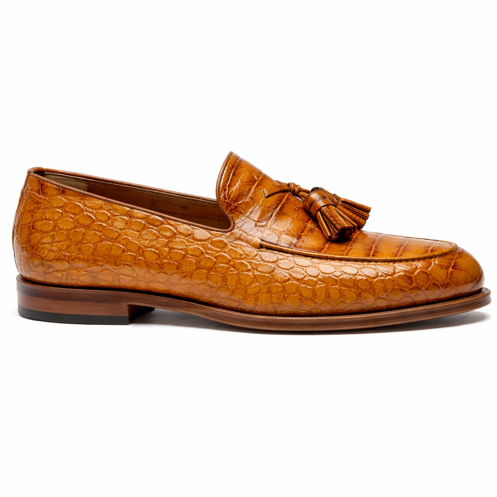 Tan Croc Print Leather Barbican Tassel Loafers