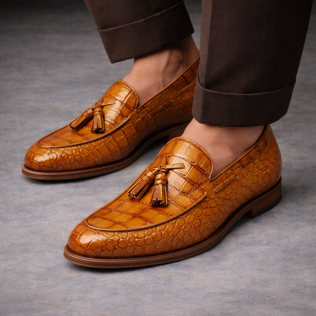 Tan Croc Print Leather Barbican Tassel Loafers
