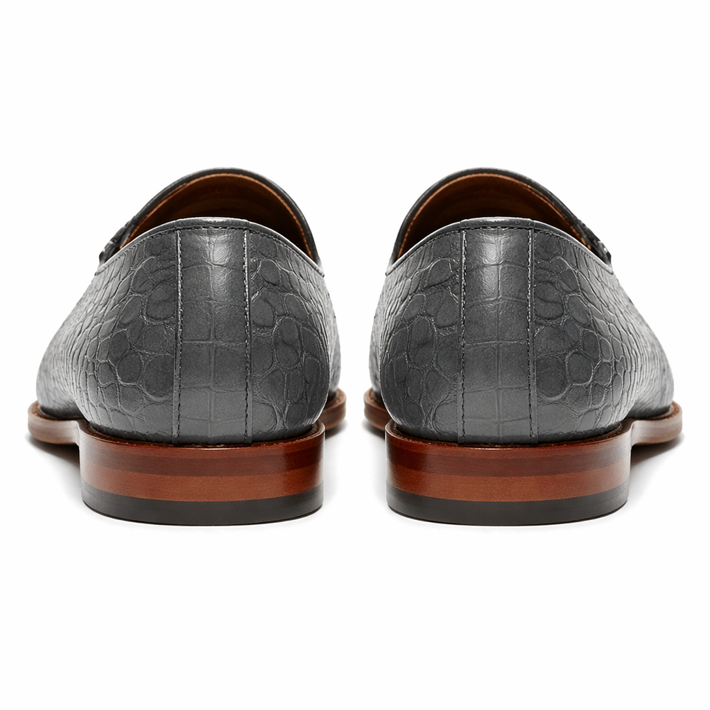 Grey Croc Print Leather Barbican Tassel Loafers