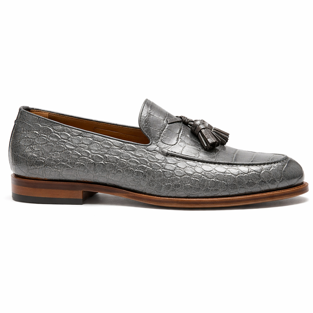 Grey Croc Print Leather Barbican Tassel Loafers