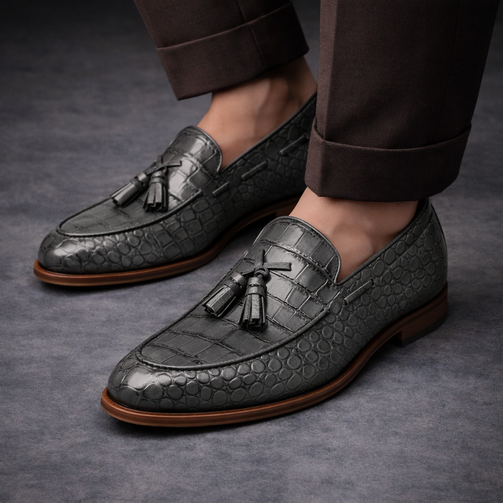 Grey Croc Print Leather Barbican Tassel Loafers
