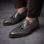 Grey Croc Print Leather Barbican Tassel Loafers
