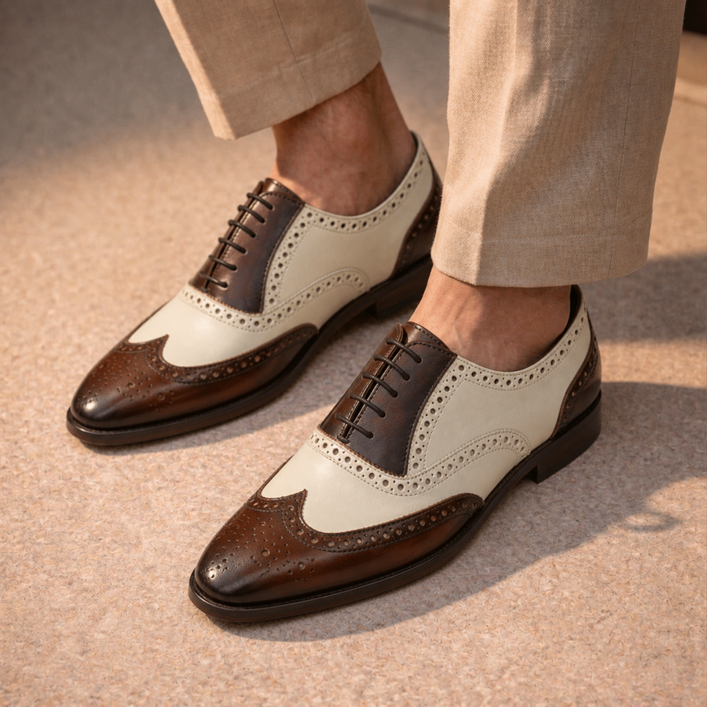 Wingtip Oxford Brogue Handmade Shoes with Two Tone Leather