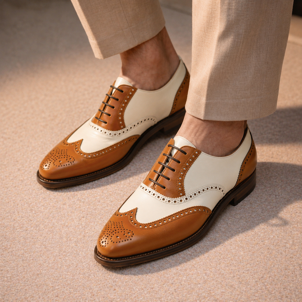 Wingtip Dual Tone Solid Leather Oxford Shoe Tan and White
