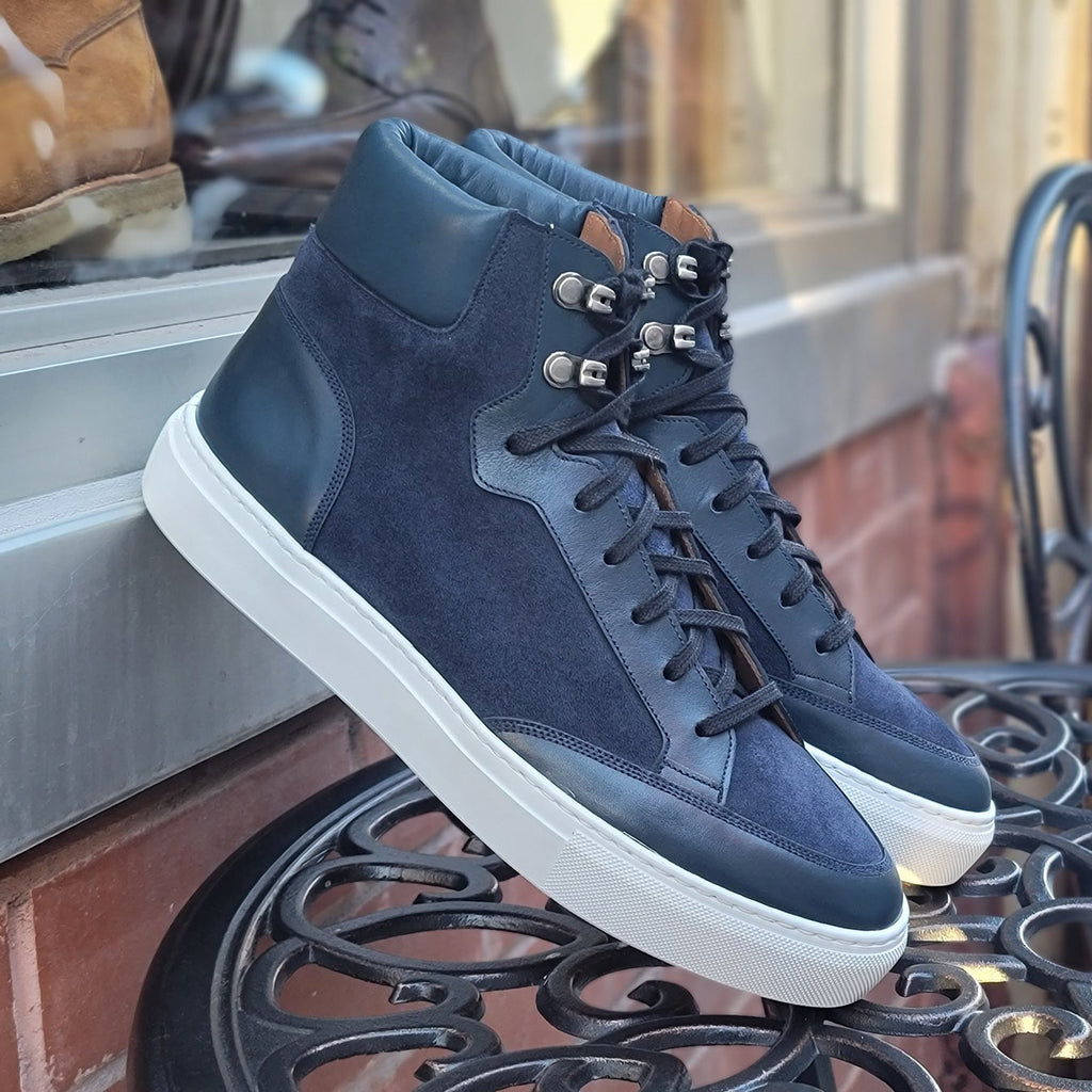 Navy Blue Suede and Leather Foxton Lace Up High Top Sneakers - Summer 2026 Collection