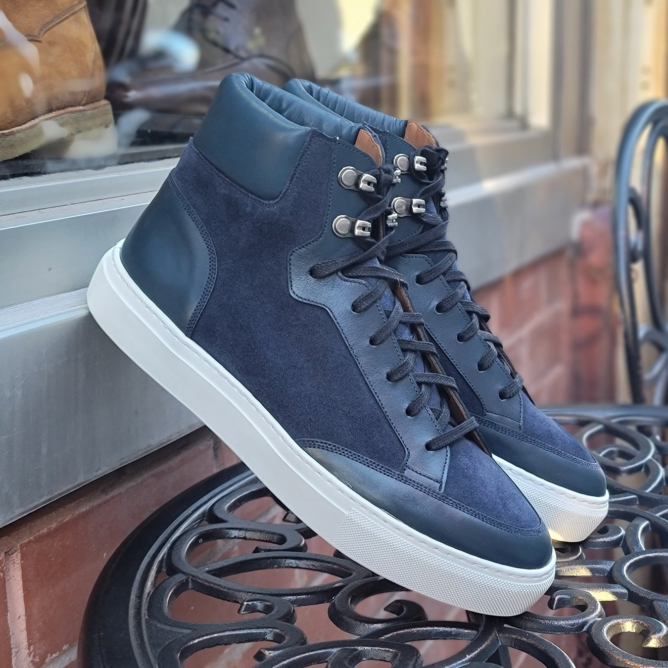 Navy Blue Suede and Leather Foxton Lace Up High Top Sneakers - Summer 2026 Collection