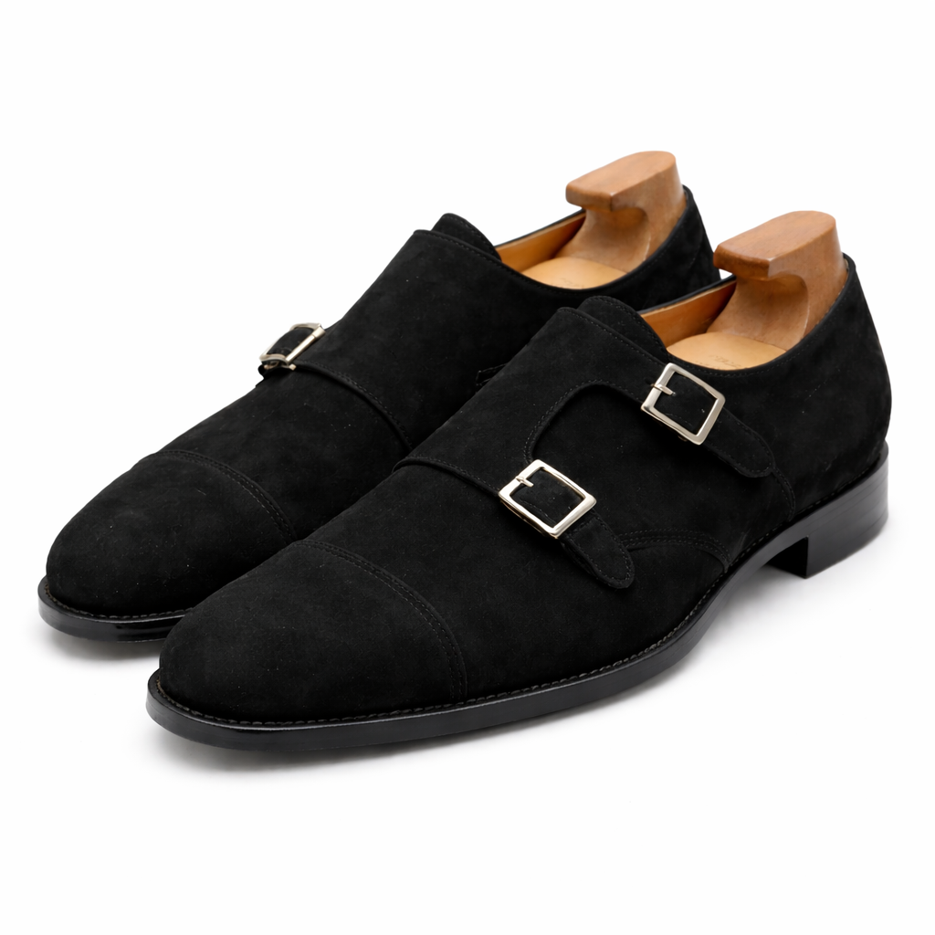 Black Suede Leather Lysander Toe Cap Monk Straps
