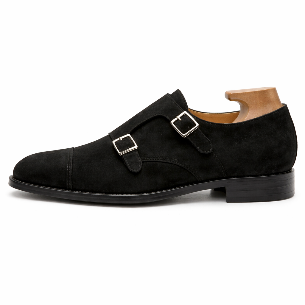Black Suede Leather Lysander Toe Cap Monk Straps
