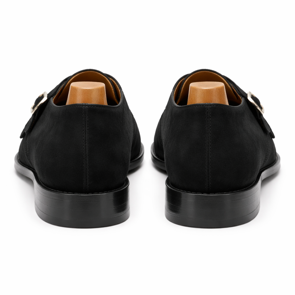 Black Suede Leather Lysander Toe Cap Monk Straps