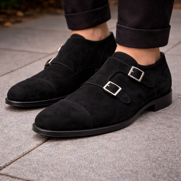 Black Suede Leather Lysander Toe Cap Monk Straps