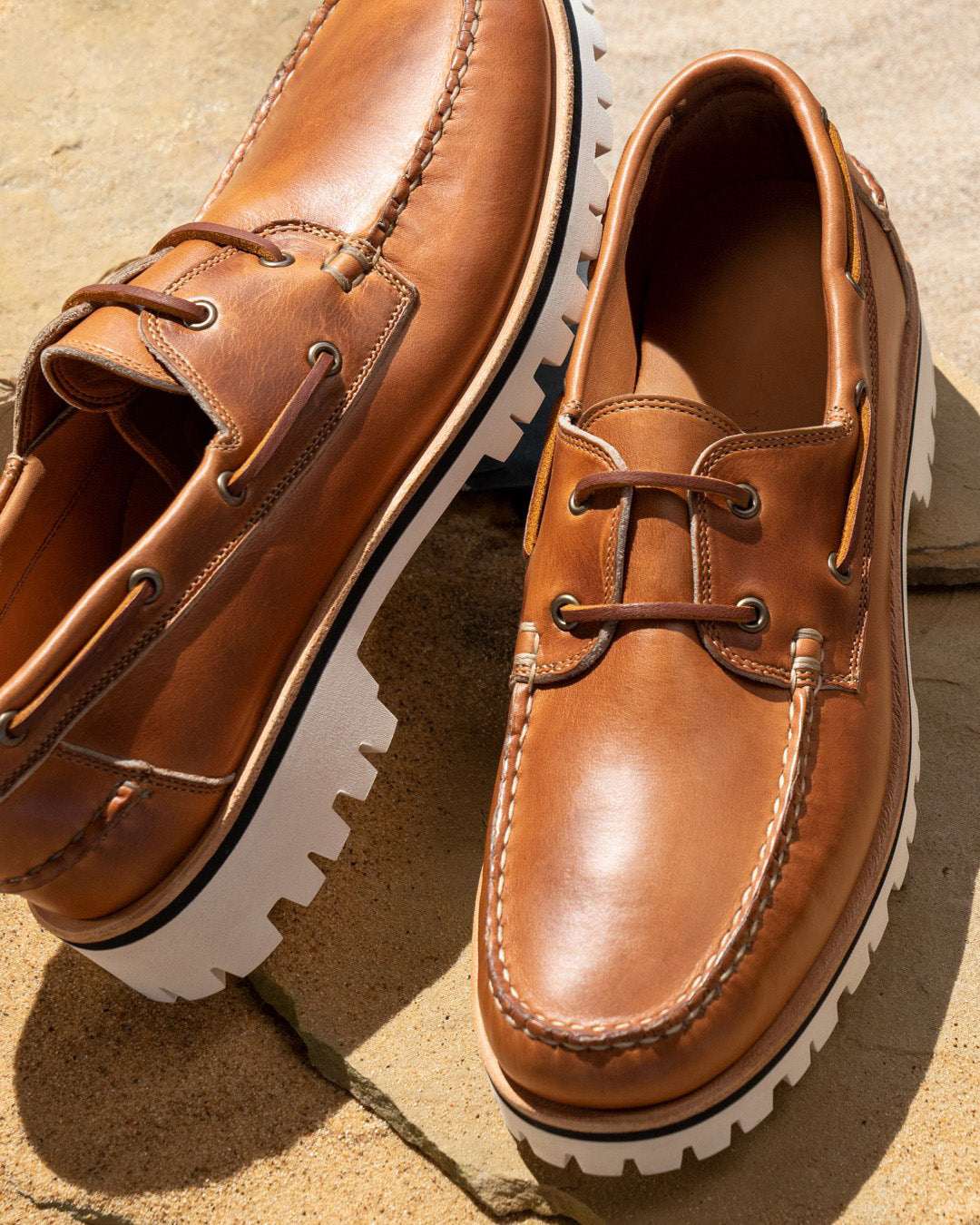 Tan Leather Hyperion Lace Up Chunky Boat Shoes with White Soles - Summer 2026 Collection