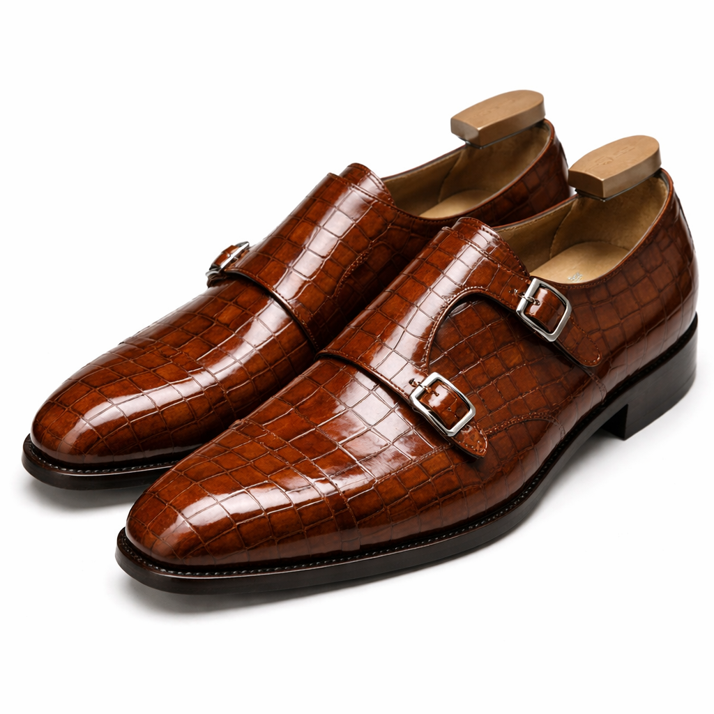 Brown Croc Print Leather Lysander Toe Cap Monk Straps