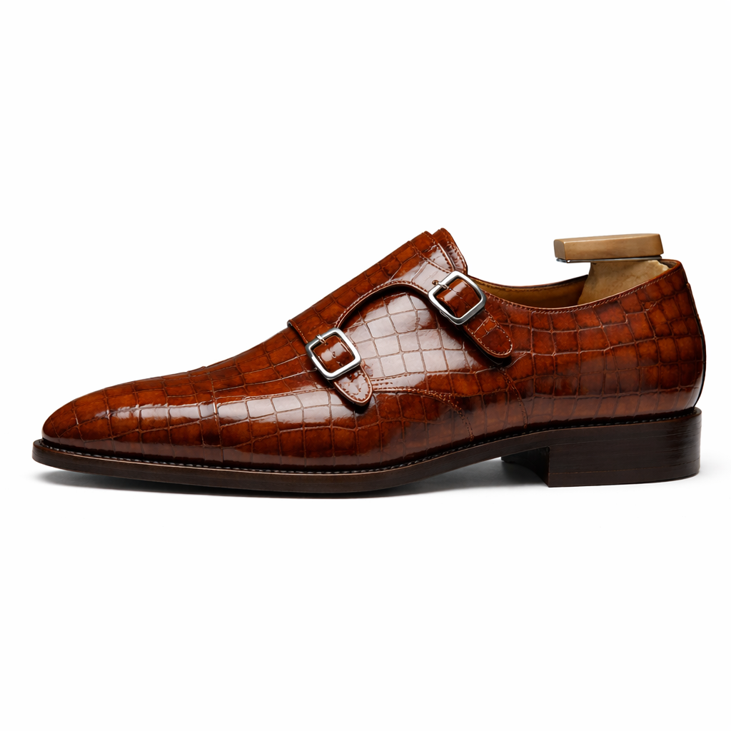 Brown Croc Print Leather Lysander Toe Cap Monk Straps
