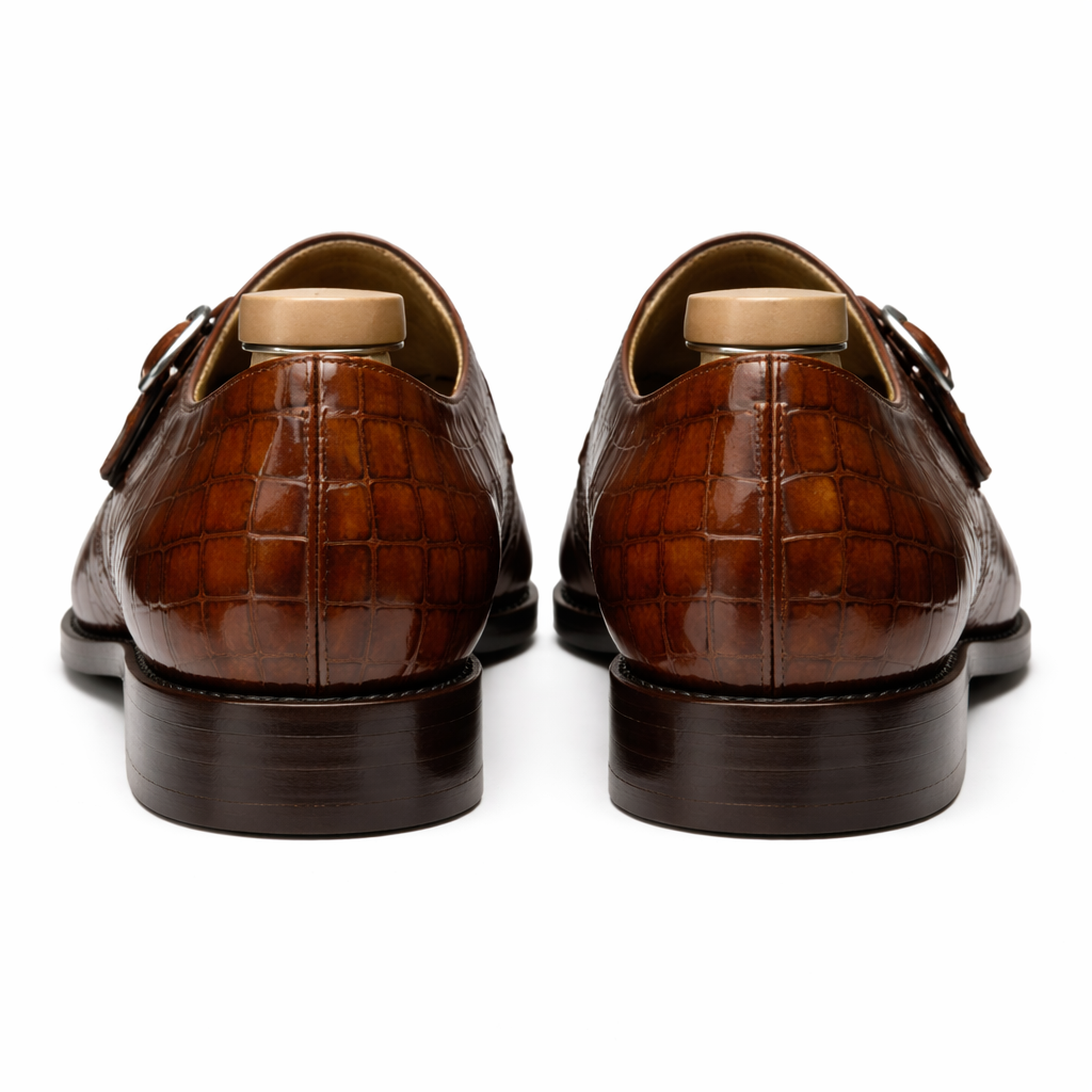 Brown Croc Print Leather Lysander Toe Cap Monk Straps