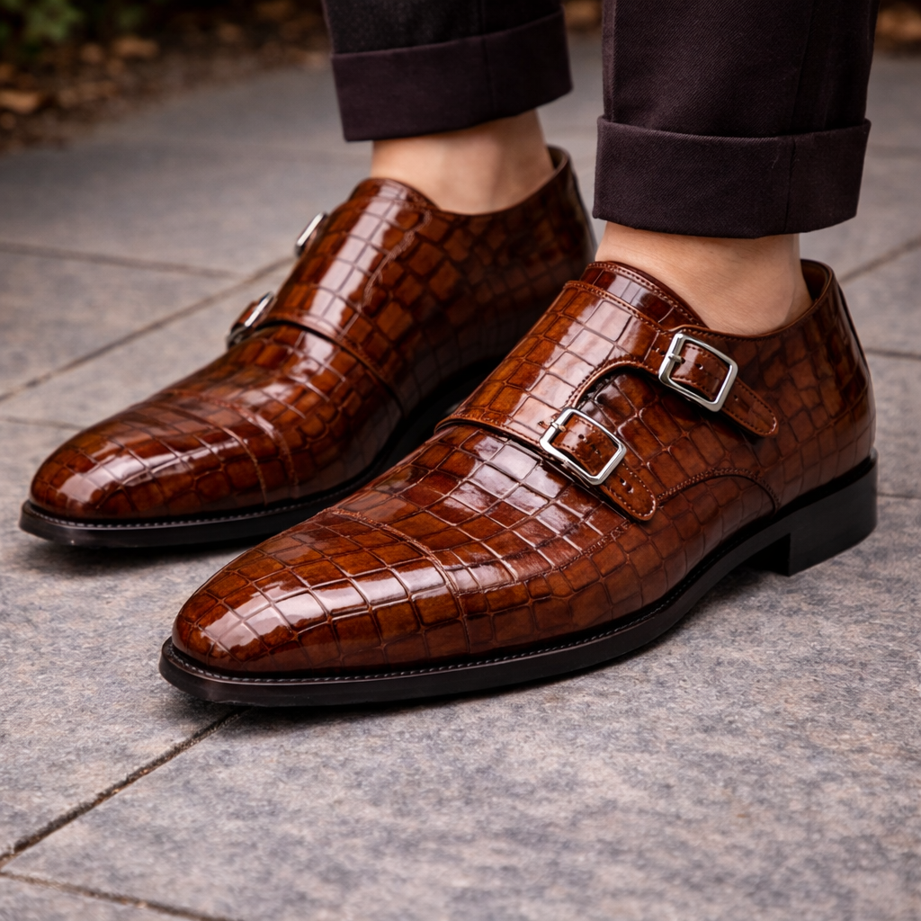 Brown Croc Print Leather Lysander Toe Cap Monk Straps