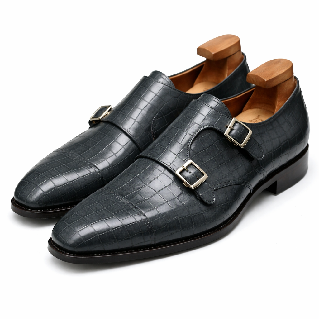 Grey Croc Print Leather Lysander Toe Cap Monk Straps