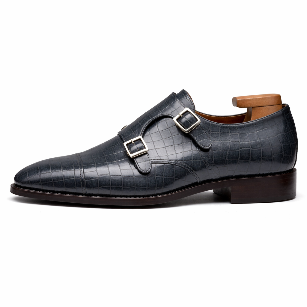 Grey Croc Print Leather Lysander Toe Cap Monk Straps