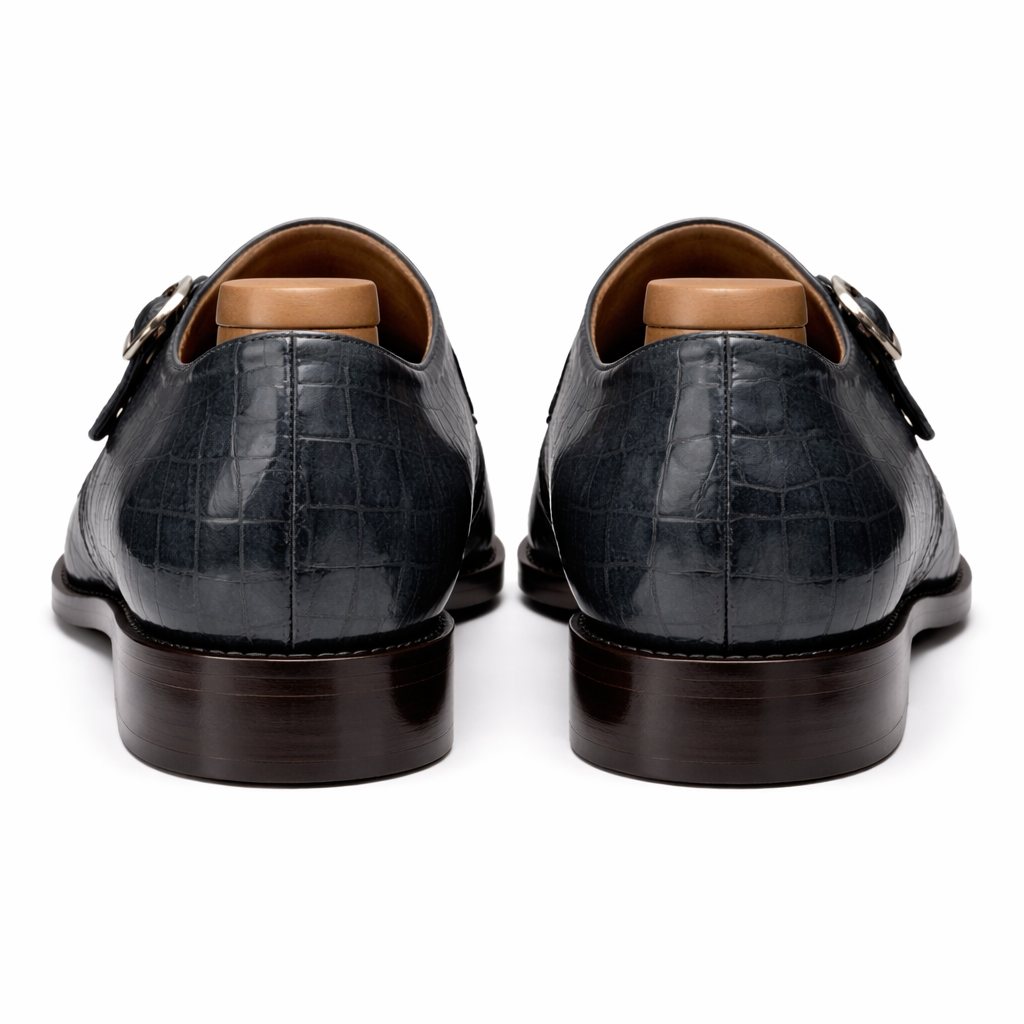 Grey Croc Print Leather Lysander Toe Cap Monk Straps