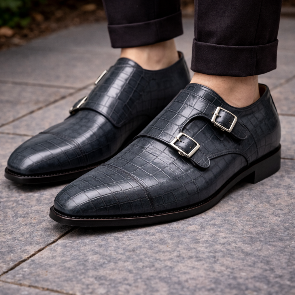 Grey Croc Print Leather Lysander Toe Cap Monk Straps