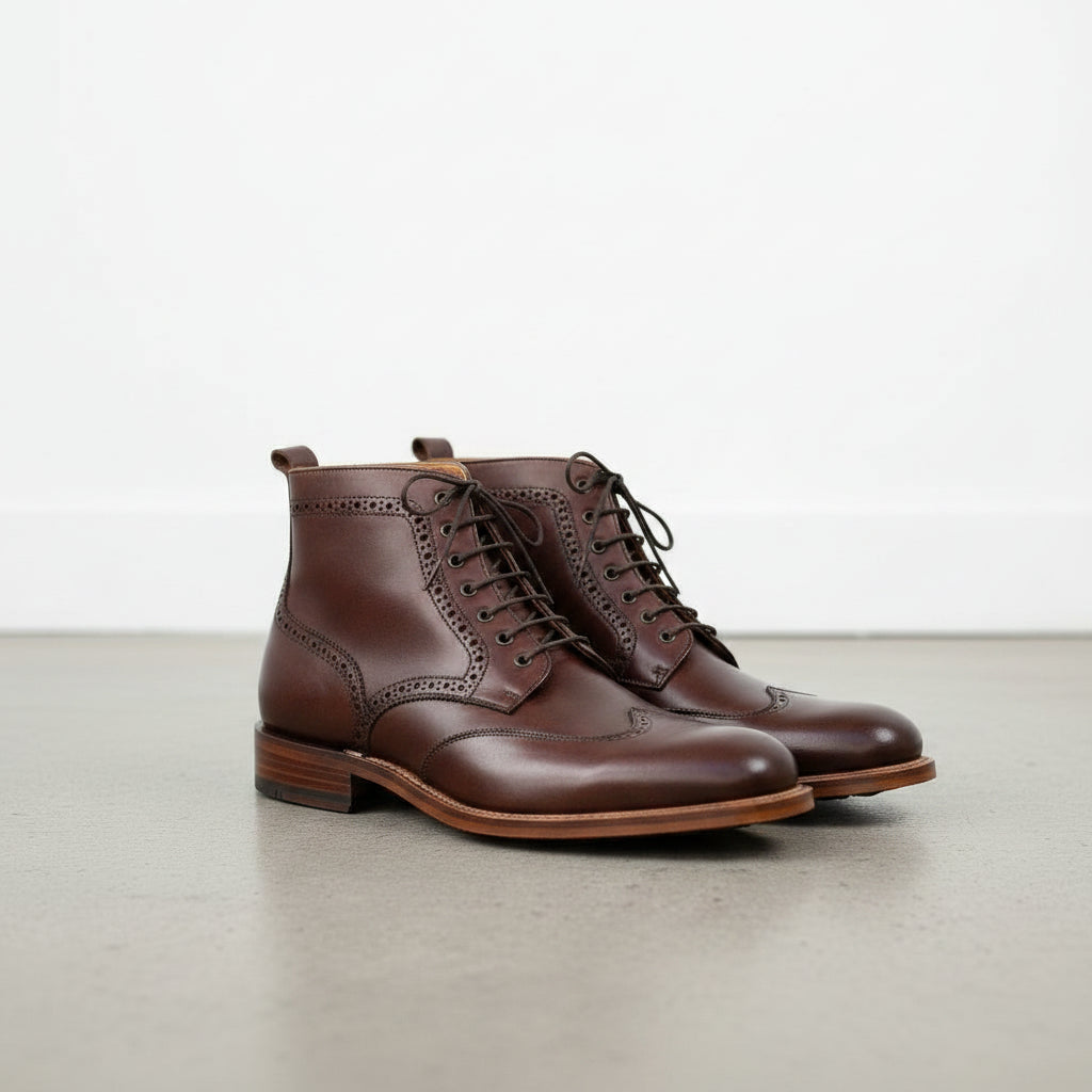 Men's Brown Wingtip Leather Derby Ankle Boots — Vatton
