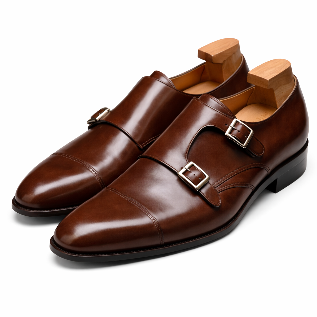 Dark Brown Leather Lysander Toe Cap Monk Straps