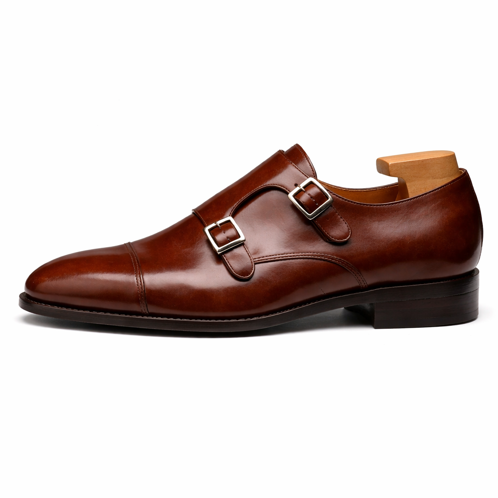 Dark Brown Leather Lysander Toe Cap Monk Straps