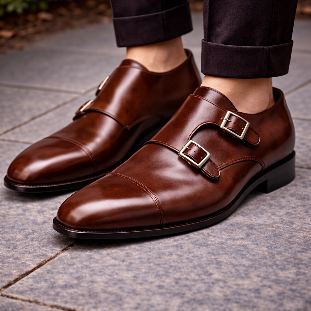 Dark Brown Leather Lysander Toe Cap Monk Straps