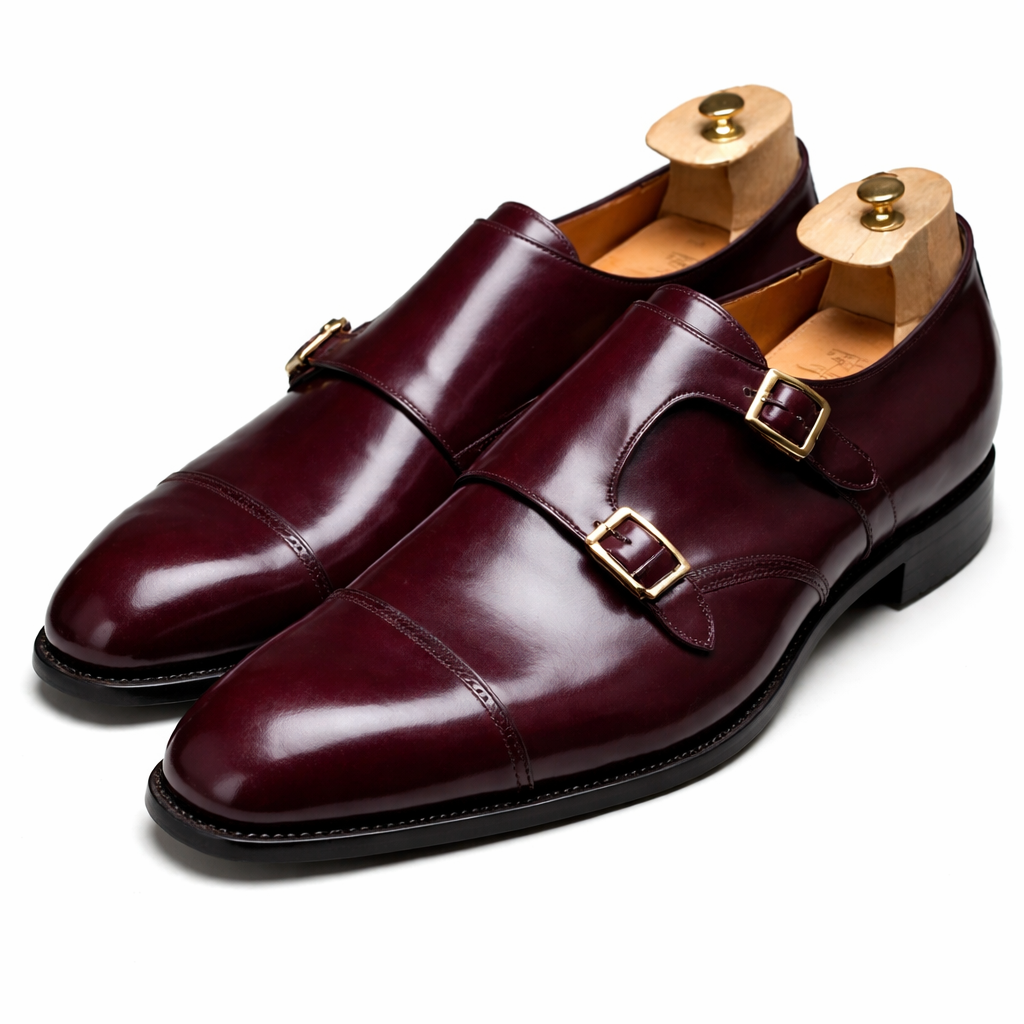Burgundy Leather Lysander Toe Cap Monk Straps