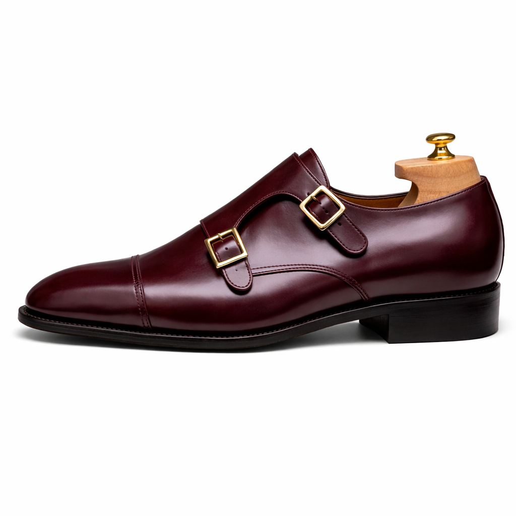 Burgundy Leather Lysander Toe Cap Monk Straps