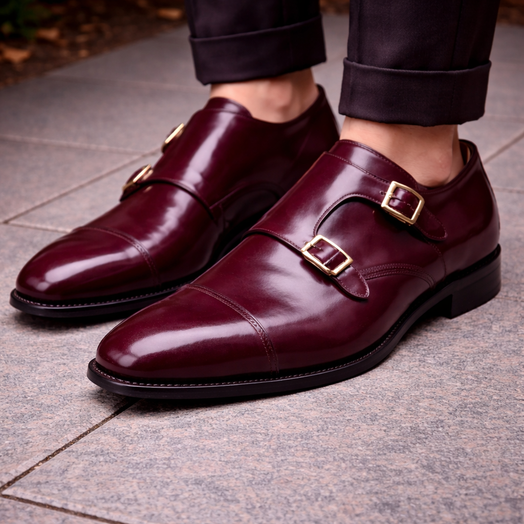 Burgundy Leather Lysander Toe Cap Monk Straps