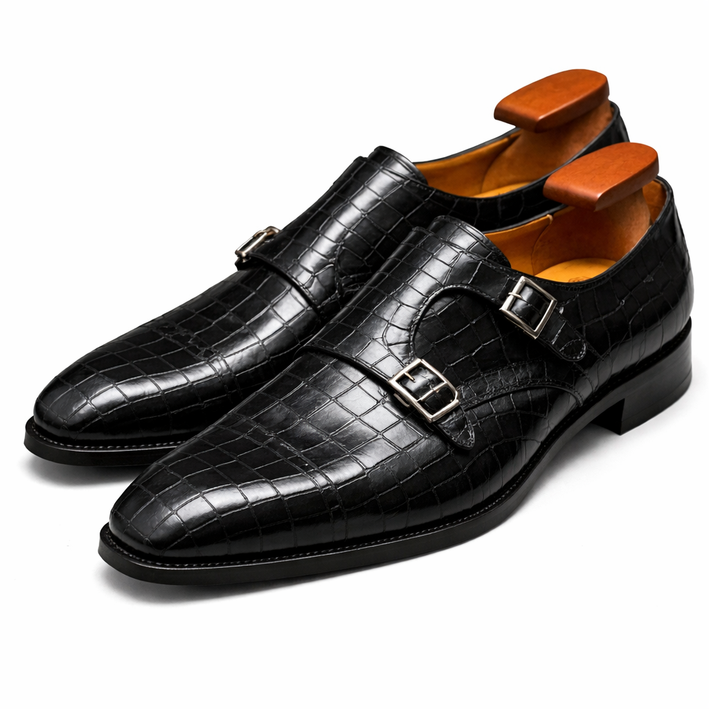 Black Croc Print Leather Lysander Toe Cap Monk Straps