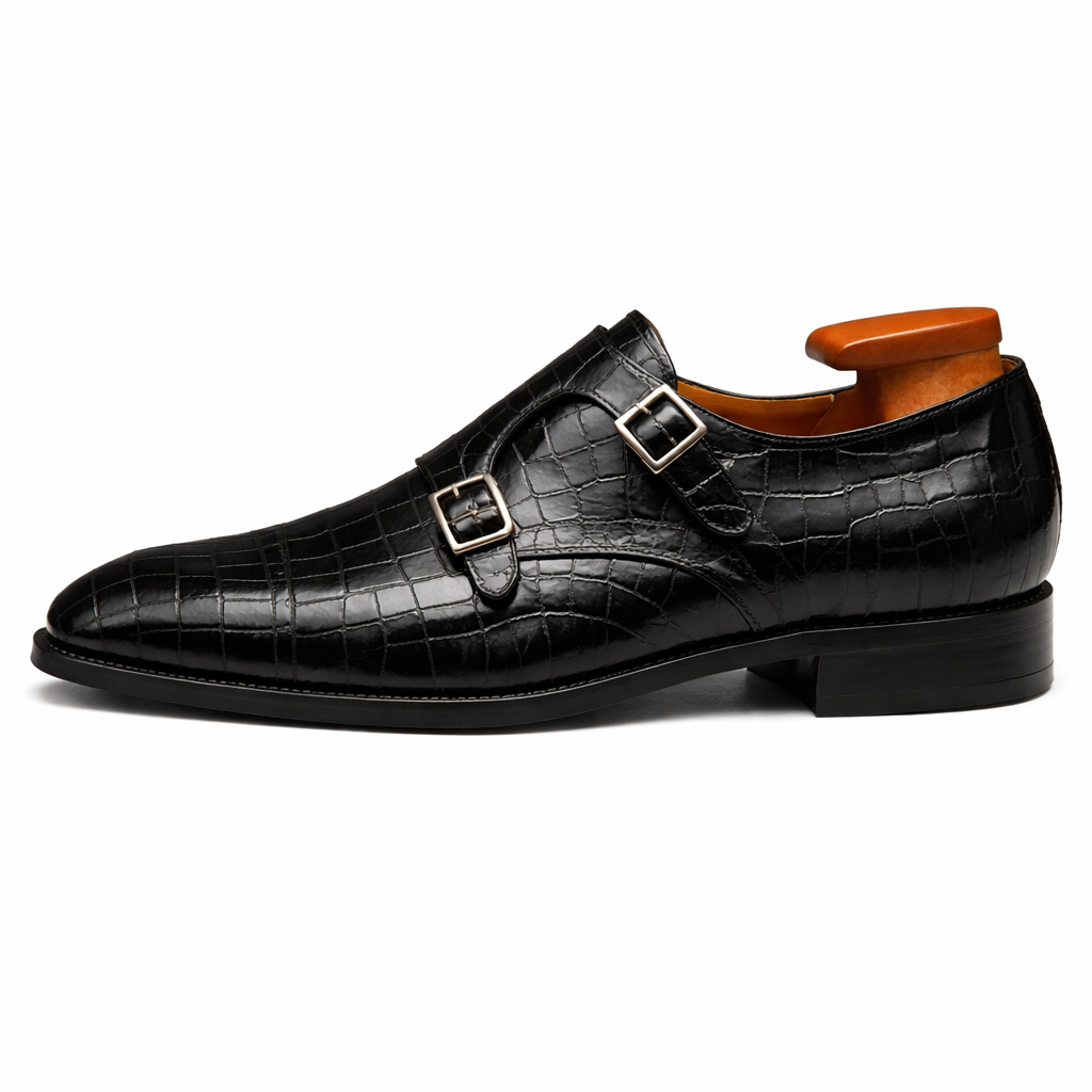 Black Croc Print Leather Lysander Toe Cap Monk Straps