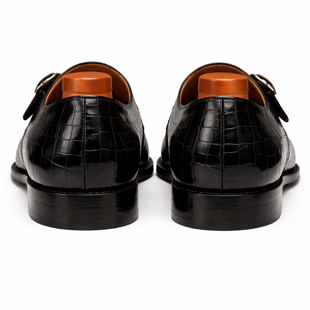 Black Croc Print Leather Lysander Toe Cap Monk Straps