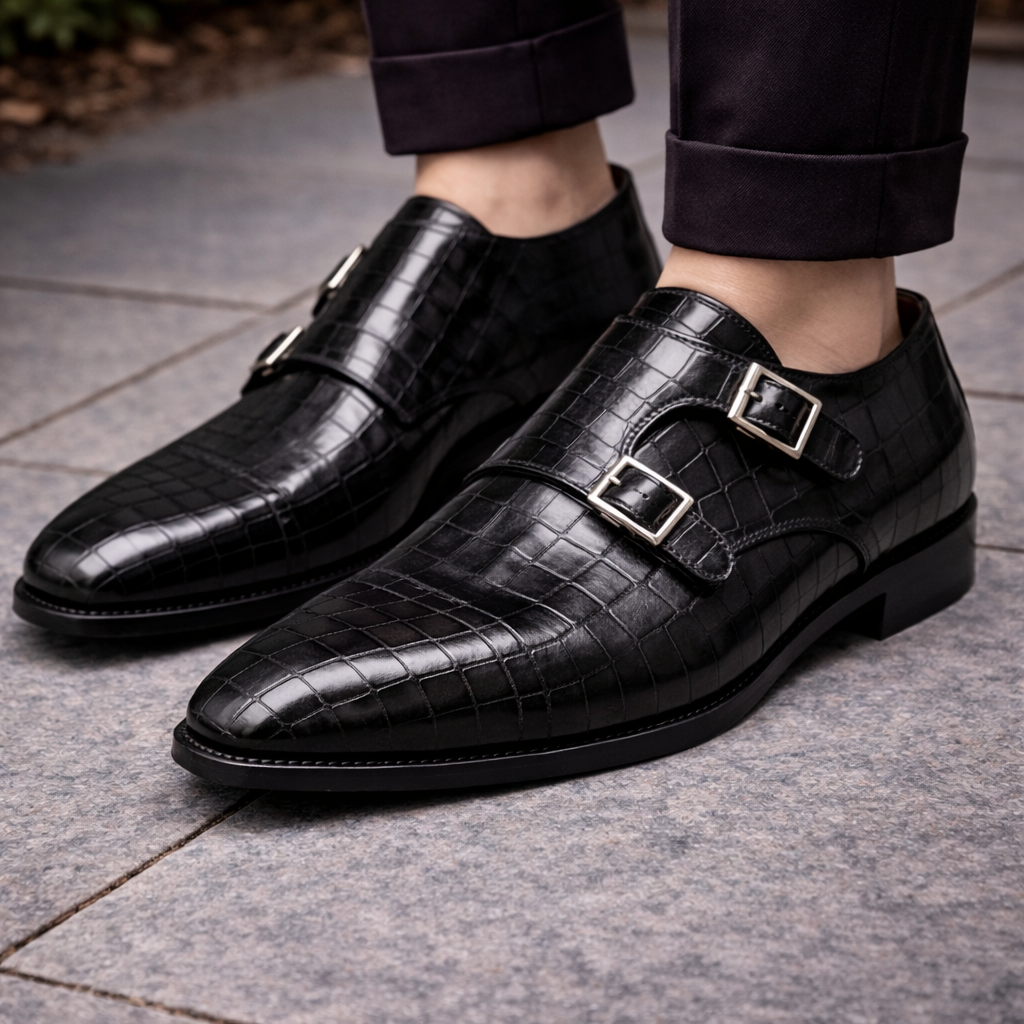 Black Croc Print Leather Lysander Toe Cap Monk Straps