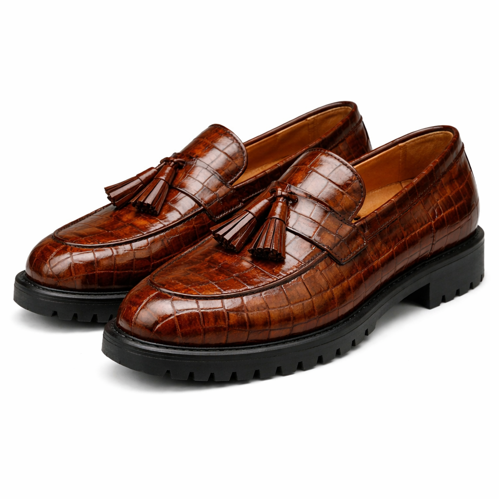 Brown Croc Print Leather Belize Chunky Tassel Loafers - With Track Soles - AW24