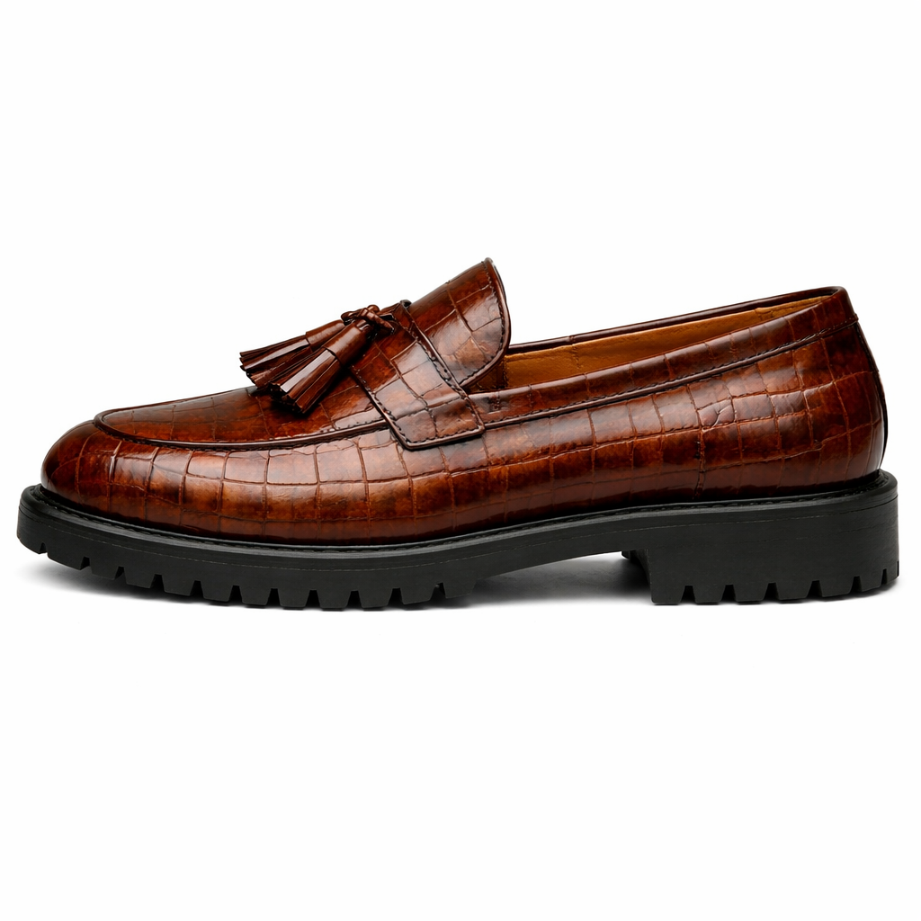 Brown Croc Print Leather Belize Chunky Tassel Loafers - With Track Soles - AW24