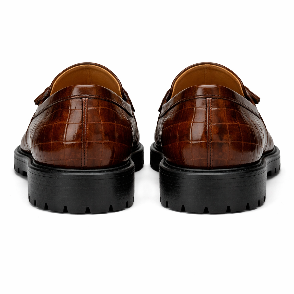 Brown Croc Print Leather Belize Chunky Tassel Loafers - With Track Soles - AW24