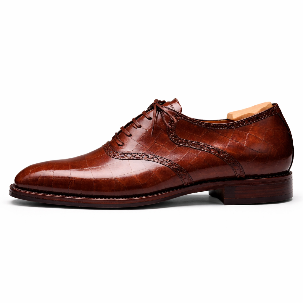 Brown Croc Print Leather Kratio Brogue Oxfords - Formal Shoes