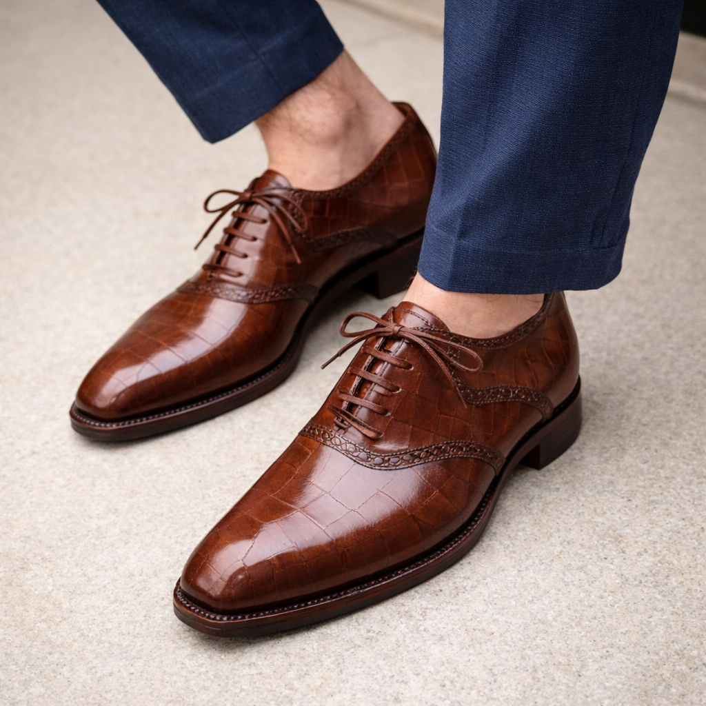 Brown Croc Print Leather Kratio Brogue Oxfords - Formal Shoes