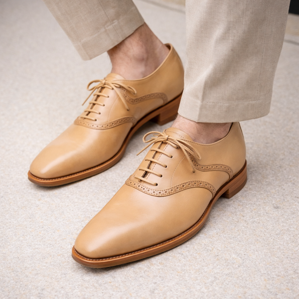 Beige Leather Kratio Brogue Oxfords - Formal Shoes