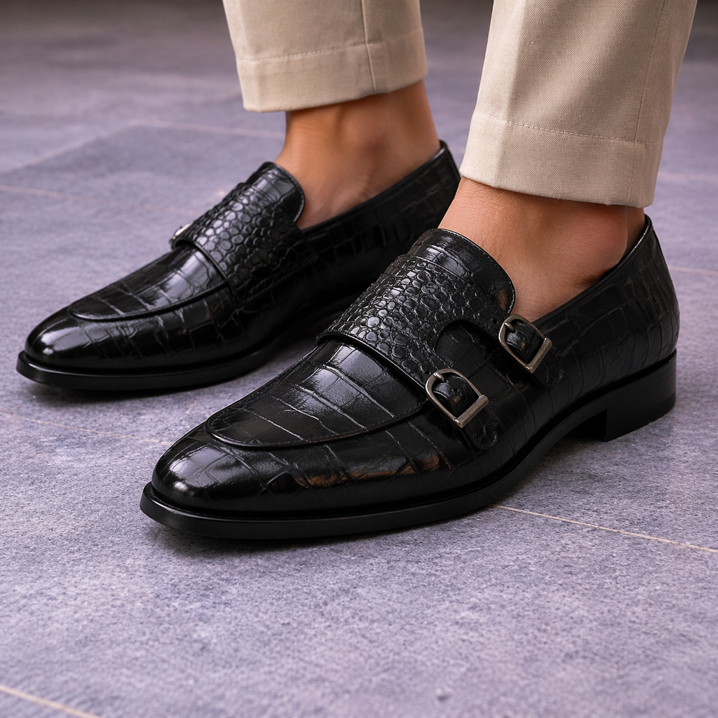 Obsidian Croco Double Monk Loafers