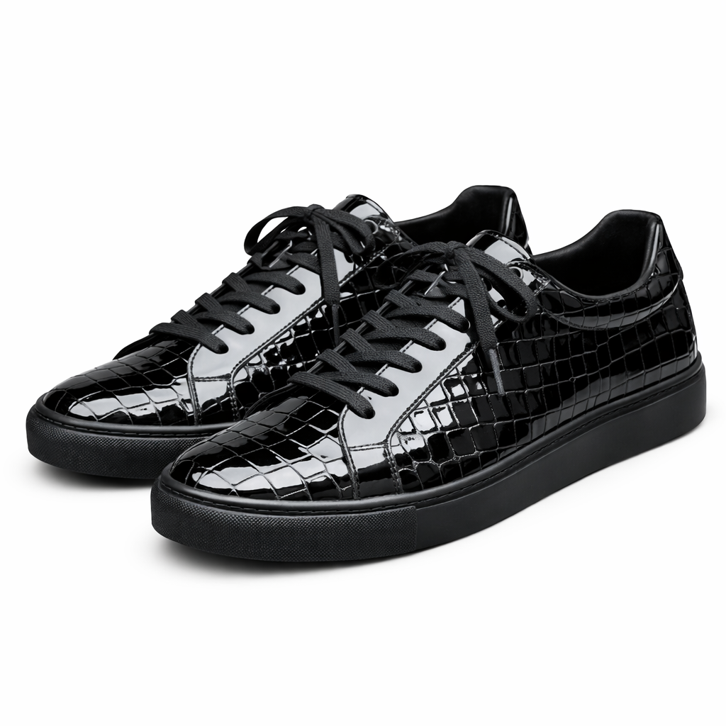 Black Croc Print Leather Modesto Lace Up Sneakers