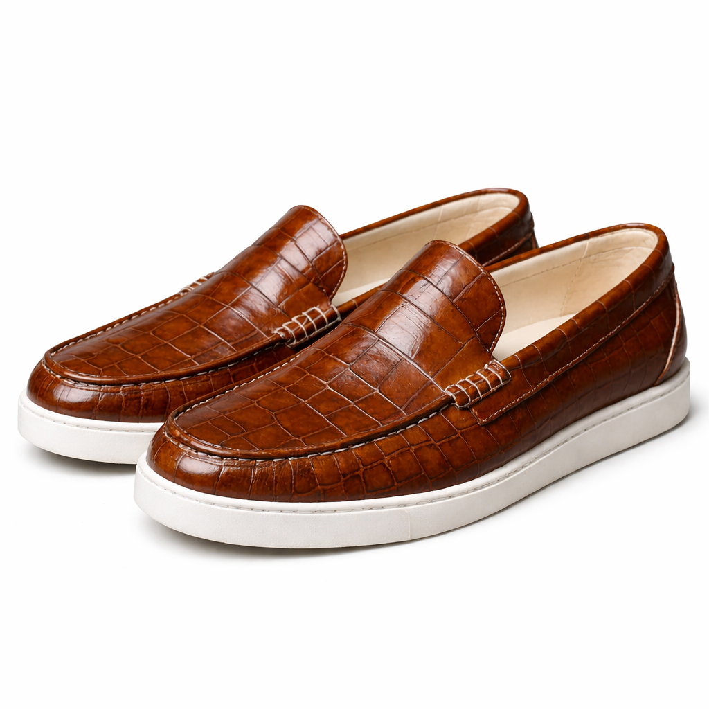 Brown Croc Print Leather Anthea Slip On Sneakers